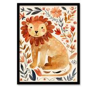 Artery8 Cute Baby Lion Rustic Floral Watercolour Framed Wall Art in Orange | Size: W12" x H16" Artery8 Orange W12" x H16"