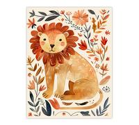Artery8 Cute Baby Lion Rustic Floral Watercolour Wall Art Print in Orange | Size: W12" x H16" Artery8 Orange W12" x H16"