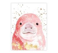 Cute Baby Manatee Pink Gold Paint Splatter Wall Art Print Artery8 Pink W24 inch x H32 inch