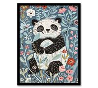 Artery8 Cute Baby Panda in Flower Patch Floral Quirky Living Room Artwork Framed Wall Art Print A4