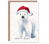 Artery8 Cute Baby Polar Bear With Santa Hat Blank For Him Or Her Art Xmas Festive Christmas Card