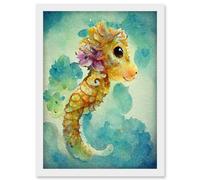 Artery8 Cute Baby Seahorse Kids Bedroom Watercolour Illustration Artwork Framed Wall Art Print A4 in White Artery8 White