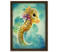 Artery8 Cute Baby Seahorse Kids Bedroom Watercolour Illustration Artwork Framed Wall Art Print A4 in Brown Artery8 Brown