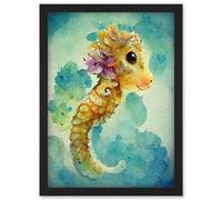 Artery8 Cute Baby Seahorse Kids Bedroom Watercolour Illustration Artwork Framed Wall Art Print A4 in Black Artery8 Black
