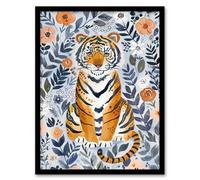Artery8 Cute Baby Tiger in Floral Pattern Blue Design Framed Wall Art | Size: A4 Artery8 Blue A4