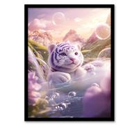 Artery8 Cute Baby White Tiger Purple Bubble Pond Fantasy Framed Art Print | Size: W12" x H16" Artery8 Purple W12" x H16"