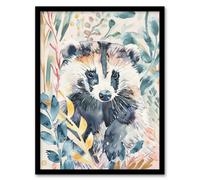 Artery8 Cute Badger Botanical Watercolour Soft Woodland Living Room Artwork Framed Wall Art Print A4