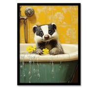 Artery8 Cute Badger in Bathtub Yellow Daisy Theme Bath Bathroom Toilet Artwork Framed Wall Art Print A4