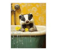 Artery8 Cute Badger in Bathtub Yellow Daisy Theme Bath Bathroom Toilet Large Wall Art Poster Print Thick Paper 18X24 Inch