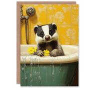 Artery8 Greeting Card Cute Badger in Bathtub Yellow Daisy Theme Bath For Her Woman Birthday Card
