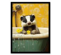 Artery8 Cute Badger in Bathtub Yellow Daisy Theme Bath Framed Art Print | Size: W12" x H16" Artery8 Yellow W12" x H16"
