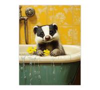Artery8 Cute Badger in Bathtub Yellow Daisy Theme Bath Wall Art Print | Size: W18" x H24" Artery8 Yellow W18" x H24"