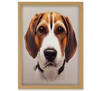 Artery8 Cute Beagle Dog Face Realistic Portrait Artwork Framed Wall Art Print A4 in Light Oak Artery8 Light Oak