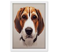 Artery8 Cute Beagle Dog Face Realistic Portrait Artwork Framed Wall Art Print A4 in White Artery8 White