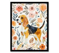 Artery8 Cute Beagle Puppy Dog Lover Floral Watercolour Framed Wall Art | Size: W12" x H16" Artery8 Multicolor W12" x H16"
