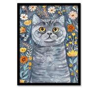 Artery8 Cute Blue British Shorthair Cat Lover Floral Pet Living Room Artwork Framed Wall Art Print A4