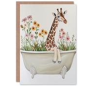 Artery8 Greeting Card Cute Boho Giraffe in Bathtub Filled with Flowers Blank For Him Or Her Art Birthday Card