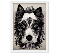 Artery8 Cute Border Collie Face Portrait Ink Line Drawing Black White Monochrome Artwork Framed Wall Art Print A4 Artery8 White