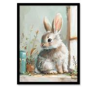 Artery8 Cute Bunny Rabbit on Window Sill Rustic Painting Framed Wall Art in Light Blue | Size: A4 Artery8 Light Blue A4