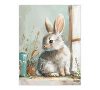 Artery8 Cute Bunny Rabbit on Window Sill Rustic Painting Living Room Large Wall Art Poster Print Thick Paper 18X24 Inch