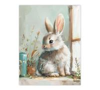 Artery8 Cute Bunny Rabbit on Window Sill Rustic Painting Wall Art Print in Light Blue | Size: W24" x H32" Artery8 Light Blue W24" x H32"