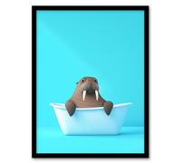 Cute Cartoon Walrus in Bathtub Bath Time Vibrant Framed Art Print Artery8 Blue A4