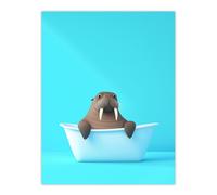 Cute Cartoon Walrus in Bathtub Bath Time Vibrant Wall Art Print Artery8 Blue W24 inch x H32 inch