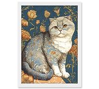 Artery8 Cute Cat with Floral Pattern Fur and Autumn Flower Blooms Art Nouveau Modern Illustration Artwork Framed A3 Wall Art Print