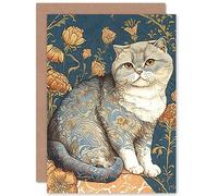 Artery8 Cute Cat with Floral Pattern Fur and Autumn Flower Blooms Art Nouveau Modern Illustration Art Birthday Sealed Greeting Card Plus Envelope Blank inside