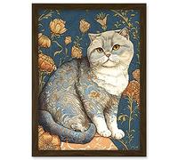 Artery8 Cute Cat with Floral Pattern Fur and Autumn Flower Blooms Art Nouveau Modern Illustration Artwork Framed Wall Art Print A4