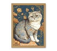 Artery8 Cute Cat with Floral Pattern Fur and Autumn Flower Blooms Art Nouveau Modern Illustration Artwork Framed Wall Art Print 18X24 Inch