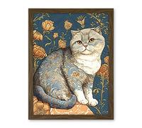 Artery8 Cute Cat with Floral Pattern Fur and Autumn Flower Blooms Art Nouveau Modern Illustration Artwork Framed Wall Art Print 18X24 Inch