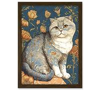 Artery8 Cute Cat with Floral Pattern Fur and Autumn Flower Blooms Art Nouveau Modern Illustration Artwork Framed A3 Wall Art Print