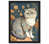 Artery8 Cute Cat with Floral Pattern Fur and Autumn Flower Blooms Art Nouveau Modern Illustration Artwork Framed Wall Art Print A4