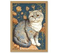 Artery8 Cute Cat with Floral Pattern Fur & Autumn Flower Blooms Art Nouveau Modern Illustration Artwork Framed Wall Art Print A4 in Light Oak Artery8 Light Oak