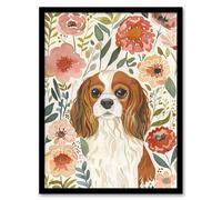 Cute Cavalier King Charles Spaniel in Wildflowers Framed Wall Art Artery8 Multi A4