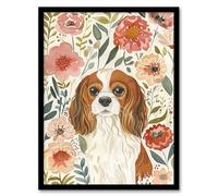 Cute Cavalier King Charles Spaniel in Wildflowers Framed Wall Art Artery8 Multi A4