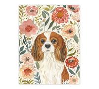Cute Cavalier King Charles Spaniel in Wildflowers Wall Art Print Artery8 Multi W18 inch x H24 inch