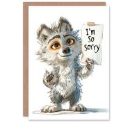 Artery8 Cute Cheeky Wolf Pup Holding Sorry Sign Cartoon Apology Card in Grey Artery8 Grey