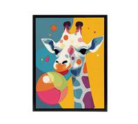 Artery8 Cute Colourful Giraffe With Balloon Framed Canvas Wall Art Print | Size: W12" x H16" Artery8 Multicolor W12" x H16"