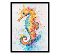 Cute Colourful Seahorse Bright Watercolour Framed Art Print Artery8 Orange A4