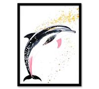 Artery8 Cute Dolphin With Gold Paint Splatter Bright Fun Bathroom Toilet Artwork Framed Wall Art Print A4