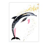 Cute Dolphin With Gold Paint Splatter Bright Fun Wall Art Print Artery8 Pink W24 inch x H32 inch