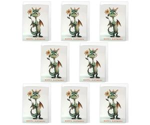 Artery8 Cute Dragon Birthday Cards - Pack of 8 A6 Cards with Envelopes - Cartoon Green Dragon with Flower - Ideal for Kids, Fantasy Fans & Fun Birthdays - Blank Inside