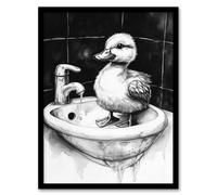 Artery8 Cute Duckling Sink Bath Time Black White Drawing Framed Art Print | Size: W12" x H16" Artery8 Black W12" x H16"