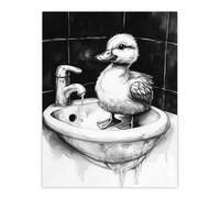 Cute Duckling Sink Bath Time Black White Drawing Wall Art Print Artery8 Black W18 inch x H24 inch