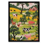 Artery8 Cute Farm Animals Cow Pig Chickens Painting Framed Art Print in Green | Size: W12" x H16" Artery8 Green W12" x H16"