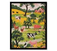Artery8 Cute Farm Animals Cow Pig Chickens Painting Living Room Artwork Framed Wall Art Print A4