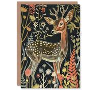Artery8 Cute Fawn Deer Autumn Portrait Wildflowers Dark Birthday Art Card Artery8 Multicolor