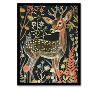 Artery8 Cute Fawn Deer Autumn Portrait Wildflowers Dark Framed Art Print | Size: W12" x H16" Artery8 Multicolor W12" x H16"